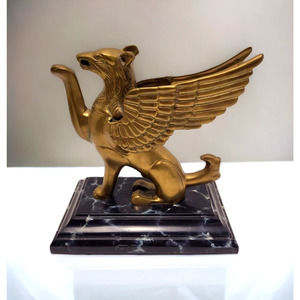 Vintage Heavy Solid Brass Art Deco Griffin On a Wooden Painted Stand 8"Tall
